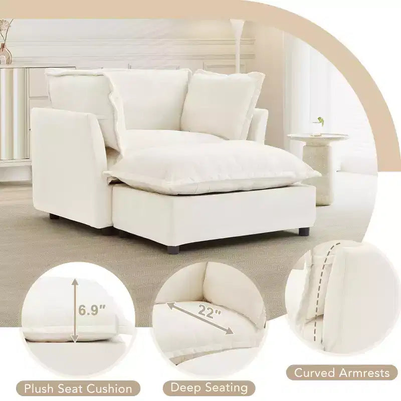 Divano poltrona Whisen Chenille con pouf mobile, seduta ampia, braccioli curvi e morbidi cuscini