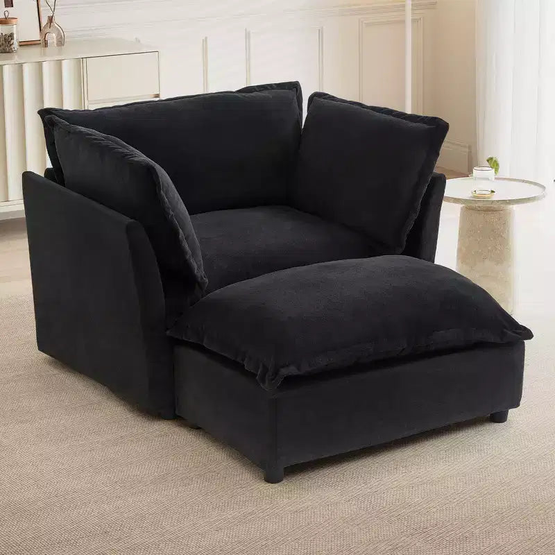 Divano poltrona Whisen Chenille con pouf mobile, seduta ampia, braccioli curvi e morbidi cuscini