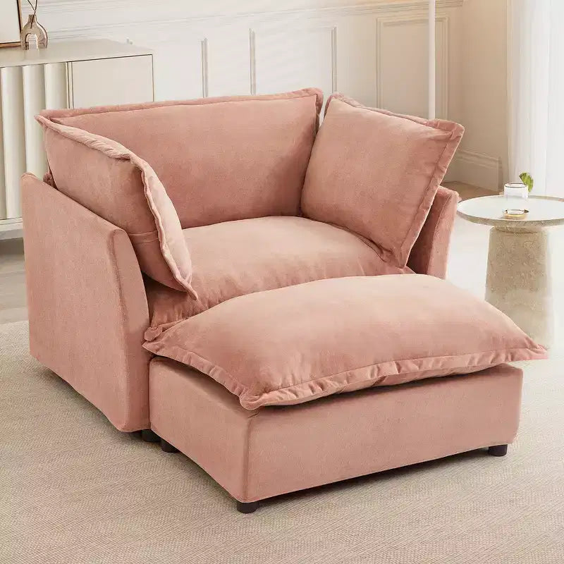 Divano poltrona Whisen Chenille con pouf mobile, seduta ampia, braccioli curvi e morbidi cuscini
