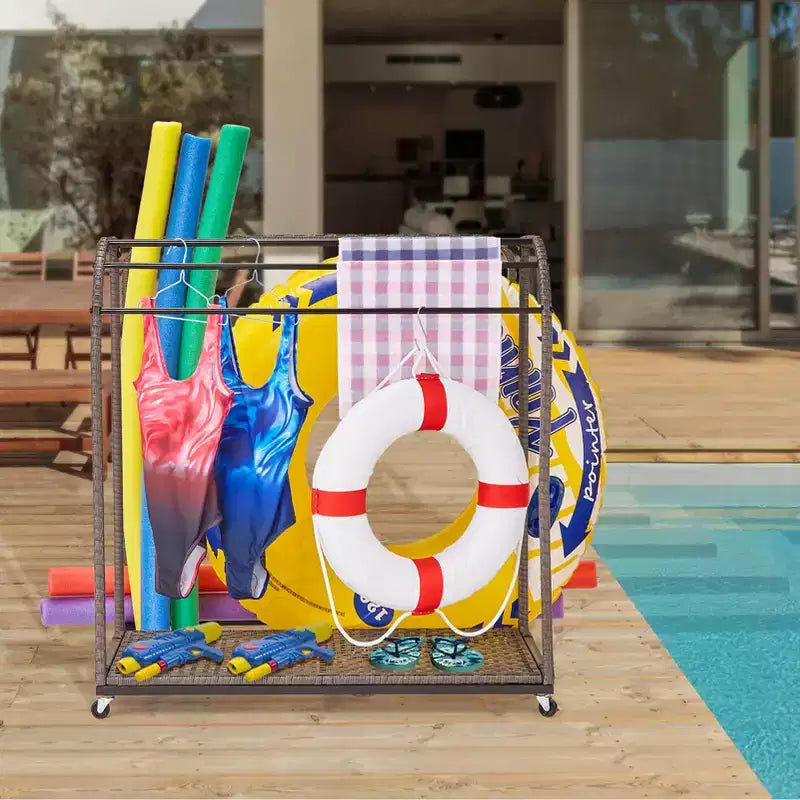 Stendino portasalviette da piscina per esterni, Stendino portasalviette autoportante, Stendino portasalviette da piscina a 5 barre con base in rattan, Stendino portasalviette da esterno in rattan intrecciato, Organizer per riporre gli oggetti
