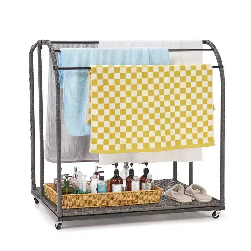 Stendino portasalviette da piscina per esterni, Stendino portasalviette autoportante, Stendino portasalviette da piscina a 5 barre con base in rattan, Stendino portasalviette da esterno in rattan intrecciato, Organizer per riporre gli oggetti