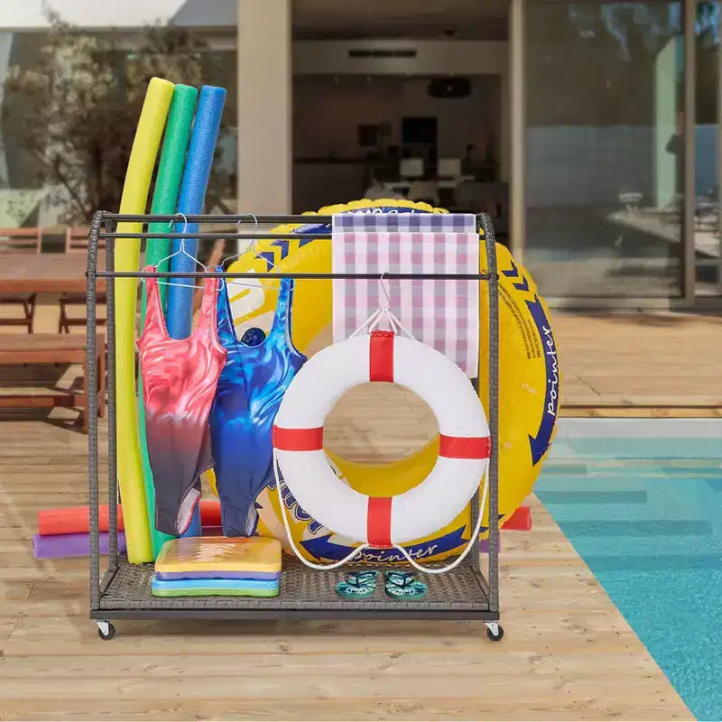 Stendino portasalviette da piscina per esterni, Stendino portasalviette autoportante, Stendino portasalviette da piscina a 5 barre con base in rattan, Stendino portasalviette da esterno in rattan intrecciato, Organizer per riporre gli oggetti