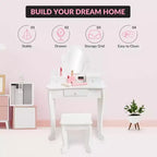 Acekool Set da Trucco per Bambini con Specchio Regolabile, Tavolo da Gioco per Bambini, Sedia e Accessori Trucco, Bianco