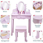 Acekool Set da Trucco per Bambini con Specchio Regolabile, Tavolo da Gioco per Bambini, Sedia e Accessori Trucco, Bianco