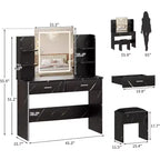 Acekool Coiffeuse avec Miroir Éclairé, Tabouret, Prise de Courant, 6 Étagères, 2 Grands Tiroirs, LED Réglable 3 Couleurs, Coiffeuse de Maquillage pour Chambre, Noir