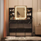 Acekool Coiffeuse avec Miroir Éclairé, Tabouret, Prise de Courant, 6 Étagères, 2 Grands Tiroirs, LED Réglable 3 Couleurs, Coiffeuse de Maquillage pour Chambre, Noir