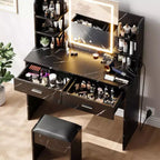 Acekool Coiffeuse avec Miroir Éclairé, Tabouret, Prise de Courant, 6 Étagères, 2 Grands Tiroirs, LED Réglable 3 Couleurs, Coiffeuse de Maquillage pour Chambre, Noir