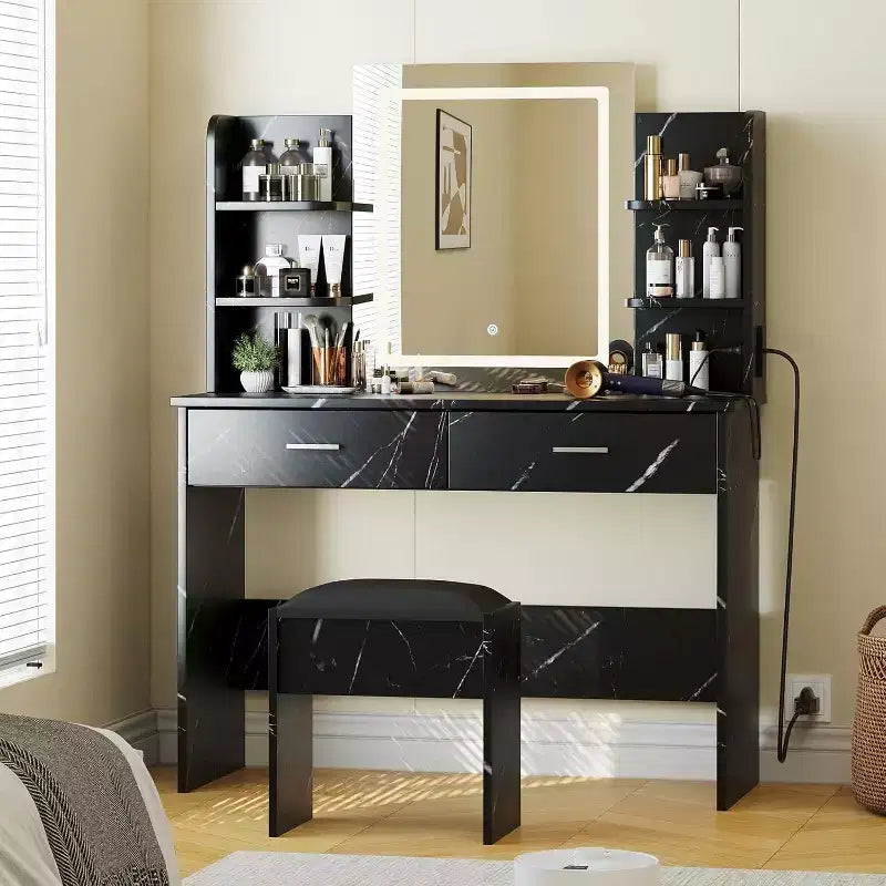 Acekool Coiffeuse avec Miroir Éclairé, Tabouret, Prise de Courant, 6 Étagères, 2 Grands Tiroirs, LED Réglable 3 Couleurs, Coiffeuse de Maquillage pour Chambre, Noir