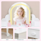 GustoWave Set da Toeletta per Bambini con Specchio Illuminato e Sgabello Tavolo Trucco con Cassetto Portaoggetti e Mensole per Ragazze dai 3 ai 9 Anni