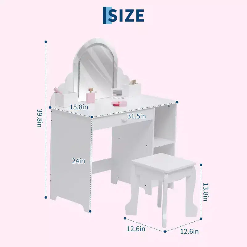 GustoWave Set da Toeletta per Bambini con Specchio Illuminato e Sgabello Tavolo Trucco con Cassetto Portaoggetti e Mensole per Ragazze dai 3 ai 9 Anni