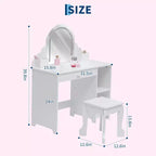 GustoWave Set da Toeletta per Bambini con Specchio Illuminato e Sgabello Tavolo Trucco con Cassetto Portaoggetti e Mensole per Ragazze dai 3 ai 9 Anni
