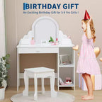 GustoWave Set da Toeletta per Bambini con Specchio Illuminato e Sgabello Tavolo Trucco con Cassetto Portaoggetti e Mensole per Ragazze dai 3 ai 9 Anni