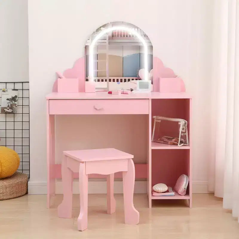 GustoWave Set da Toeletta per Bambini con Specchio Illuminato e Sgabello Tavolo Trucco con Cassetto Portaoggetti e Mensole per Ragazze dai 3 ai 9 Anni