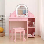 GustoWave Set da Toeletta per Bambini con Specchio Illuminato e Sgabello Tavolo Trucco con Cassetto Portaoggetti e Mensole per Ragazze dai 3 ai 9 Anni