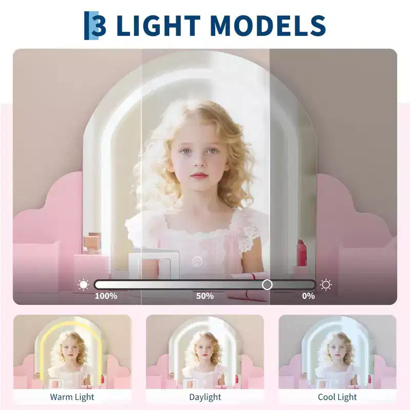 GustoWave Set da Toeletta per Bambini con Specchio Illuminato e Sgabello Tavolo Trucco con Cassetto Portaoggetti e Mensole per Ragazze dai 3 ai 9 Anni