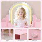 GustoWave Set da Toeletta per Bambini con Specchio Illuminato e Sgabello Tavolo Trucco con Cassetto Portaoggetti e Mensole per Ragazze dai 3 ai 9 Anni