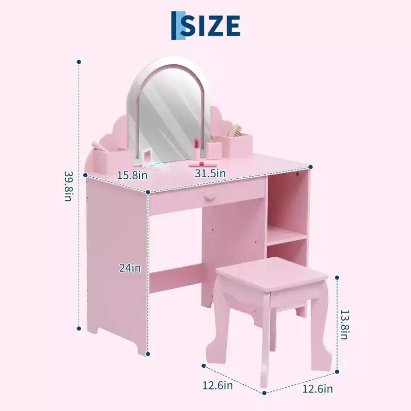 GustoWave Set da Toeletta per Bambini con Specchio Illuminato e Sgabello Tavolo Trucco con Cassetto Portaoggetti e Mensole per Ragazze dai 3 ai 9 Anni