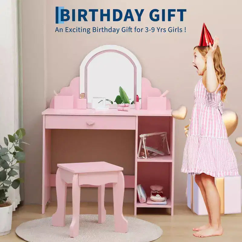 GustoWave Set da Toeletta per Bambini con Specchio Illuminato e Sgabello Tavolo Trucco con Cassetto Portaoggetti e Mensole per Ragazze dai 3 ai 9 Anni