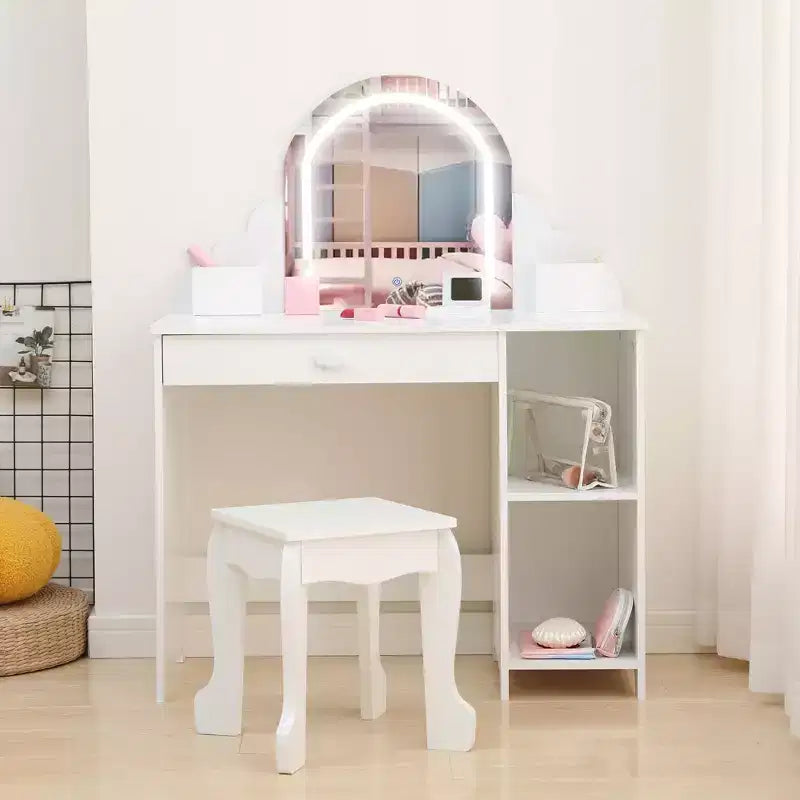 GustoWave Set da Toeletta per Bambini con Specchio Illuminato e Sgabello Tavolo Trucco con Cassetto Portaoggetti e Mensole per Ragazze dai 3 ai 9 Anni
