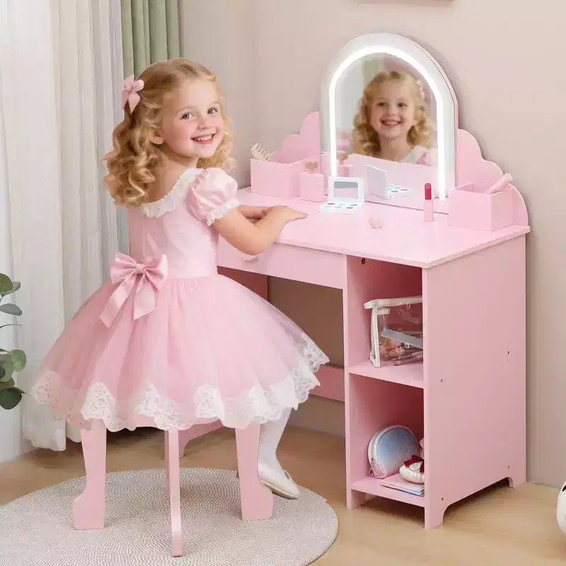 GustoWave Kids Vanity Set with Lighted Mirror & Stool  Makeup Table with Storage Drawer & Shelves for Girls Ages 39