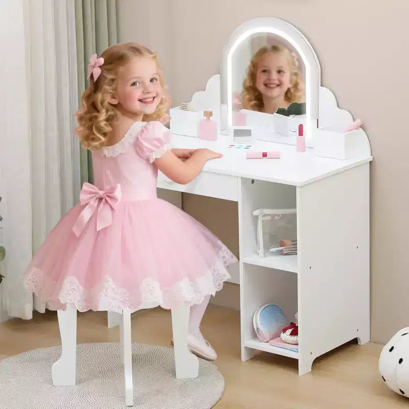 GustoWave Set da Toeletta per Bambini con Specchio Illuminato e Sgabello Tavolo Trucco con Cassetto Portaoggetti e Mensole per Ragazze dai 3 ai 9 Anni
