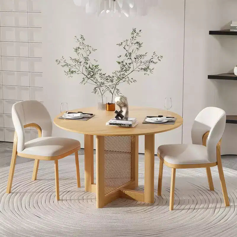 PexFix 46 x 46 Tavolo da Pranzo Cucina Rustica Rotondo in Rovere con Gambe in Rattan Intrecciato per Cucina, Bar, Soggiorno