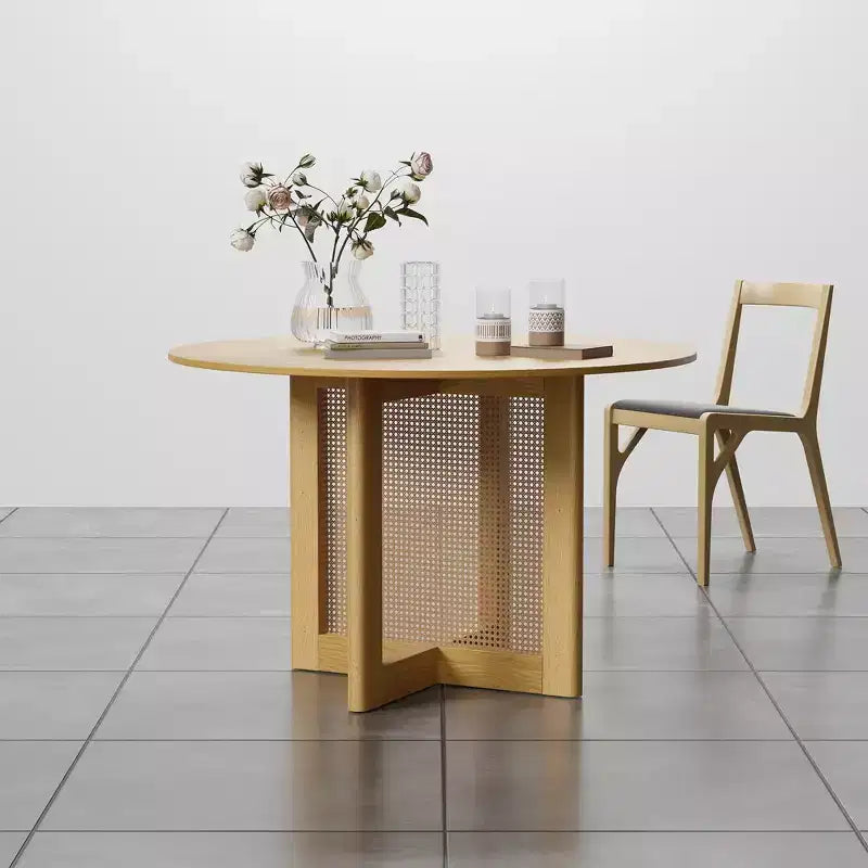PexFix 46 x 46 Tavolo da Pranzo Cucina Rustica Rotondo in Rovere con Gambe in Rattan Intrecciato per Cucina, Bar, Soggiorno