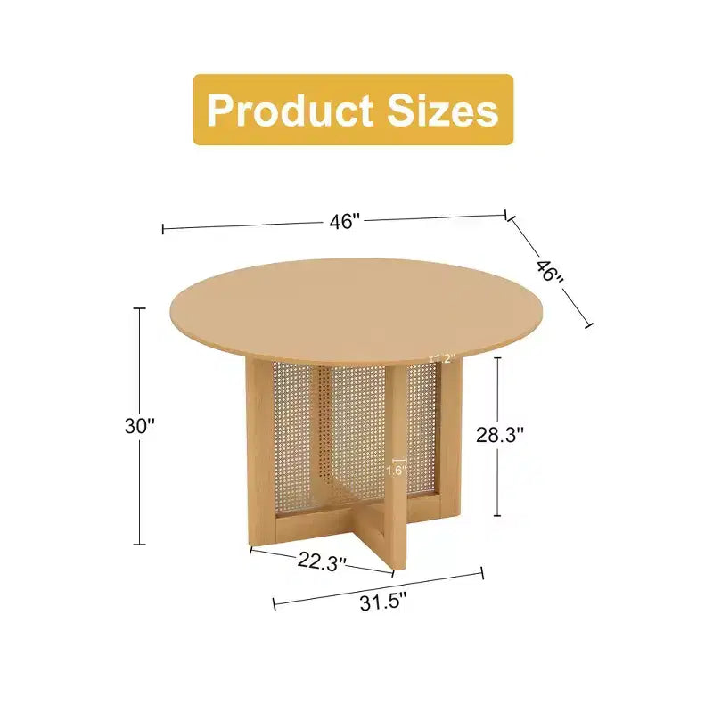 PexFix 46 x 46 Tavolo da Pranzo Cucina Rustica Rotondo in Rovere con Gambe in Rattan Intrecciato per Cucina, Bar, Soggiorno