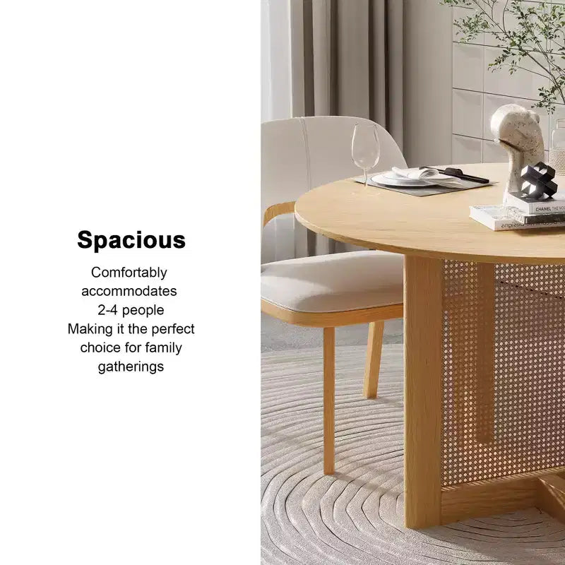 PexFix 46 x 46 Tavolo da Pranzo Cucina Rustica Rotondo in Rovere con Gambe in Rattan Intrecciato per Cucina, Bar, Soggiorno