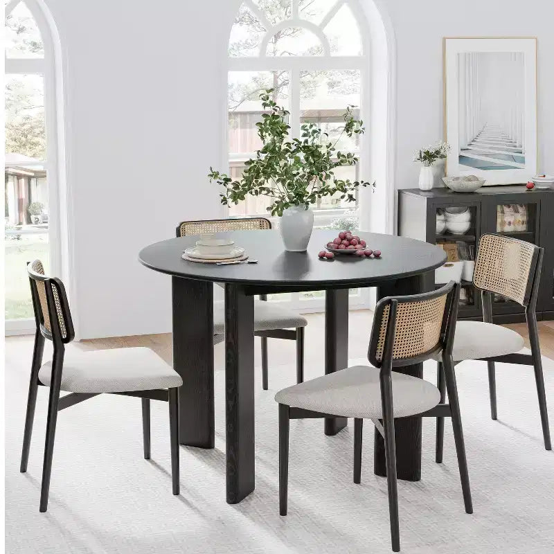 PexFix 42 Tavolo da pranzo rotondo in legno massello nero stile rustico con piano in legno per sale da pranzo moderne e riunioni di famiglia