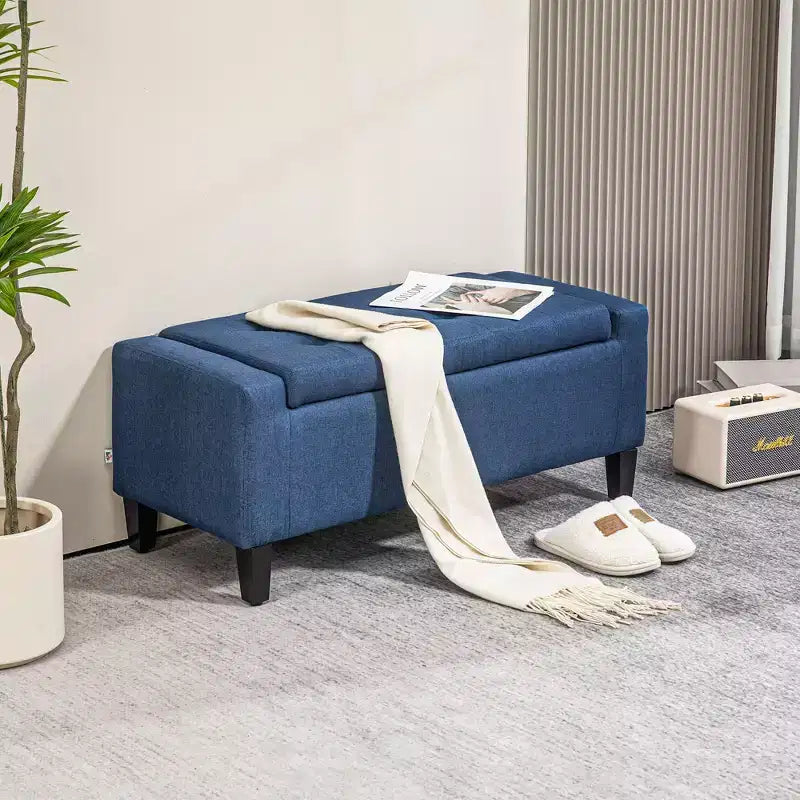 TUYOHW Poggiapiedi Contenitore, Panca Contenitore Rivestita in Lino con Coperchio Sollevabile e Bottoni Trapuntati per Soggiorno, Blu Scuro
