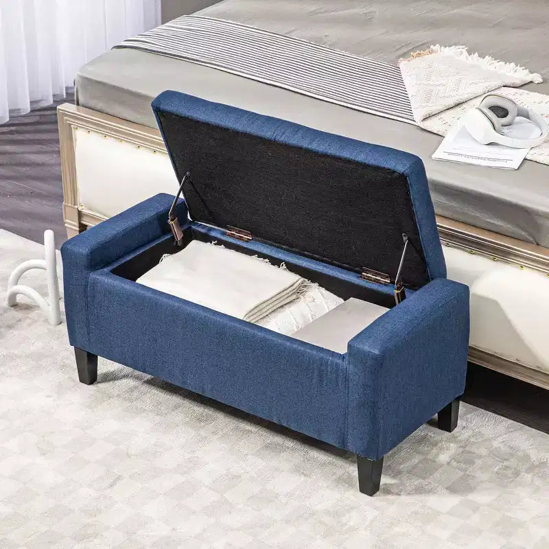 TUYOHW Poggiapiedi Contenitore, Panca Contenitore Rivestita in Lino con Coperchio Sollevabile e Bottoni Trapuntati per Soggiorno, Blu Scuro