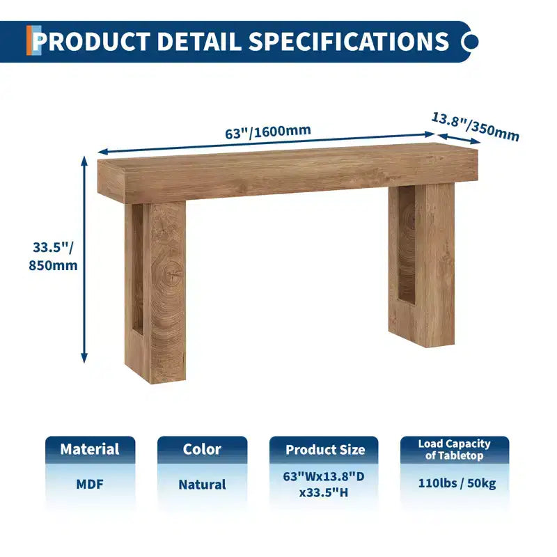 Tavolo Consolle Lungo 160 cm, Tavolino da Divano Dietro al Divano, Tavolo Rettangolare Rustico in Legno per Ingresso, Corridoio, Soggiorno