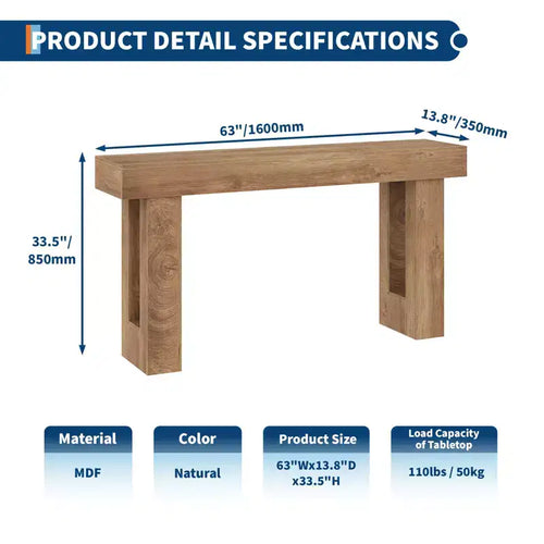 Tavolo Consolle Lungo 160 cm, Tavolino da Divano Dietro al Divano, Tavolo Rettangolare Rustico in Legno per Ingresso, Corridoio, Soggiorno