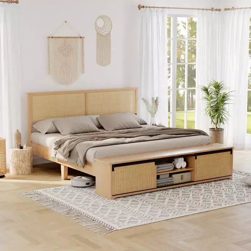 Natural Rattan King Size Bed Frame with Sliding Barn Door Storage Cabinets and LED Light Headboard, Boho Wood Platform Bed , No Box Spring Needed