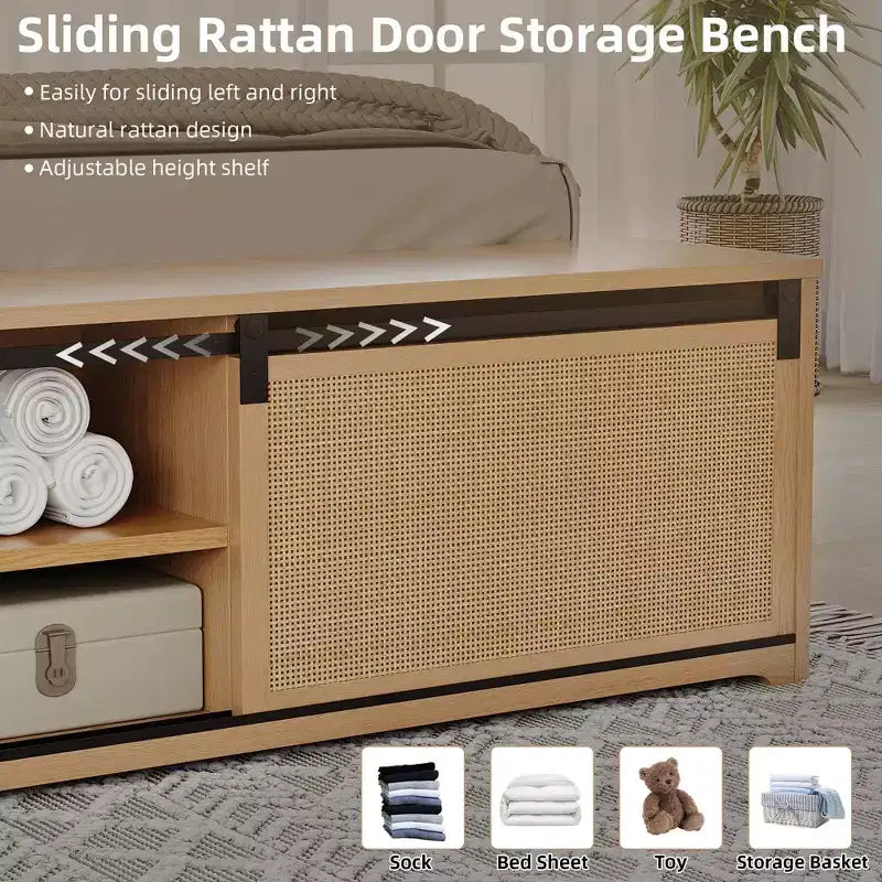 Struttura letto king size in rattan naturale con armadietti scorrevoli a persiana e testiera illuminata a LED, letto a piattaforma in legno boho, non è necessaria la rete a doghe