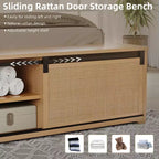 Struttura letto king size in rattan naturale con armadietti scorrevoli a persiana e testiera illuminata a LED, letto a piattaforma in legno boho, non è necessaria la rete a doghe