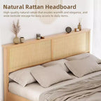 Struttura letto king size in rattan naturale con armadietti scorrevoli a persiana e testiera illuminata a LED, letto a piattaforma in legno boho, non è necessaria la rete a doghe