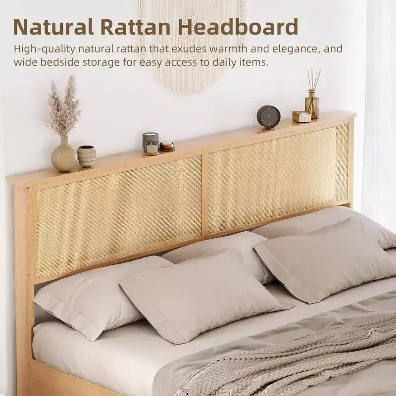 Struttura letto king size in rattan naturale con armadietti scorrevoli a persiana e testiera illuminata a LED, letto a piattaforma in legno boho, non è necessaria la rete a doghe