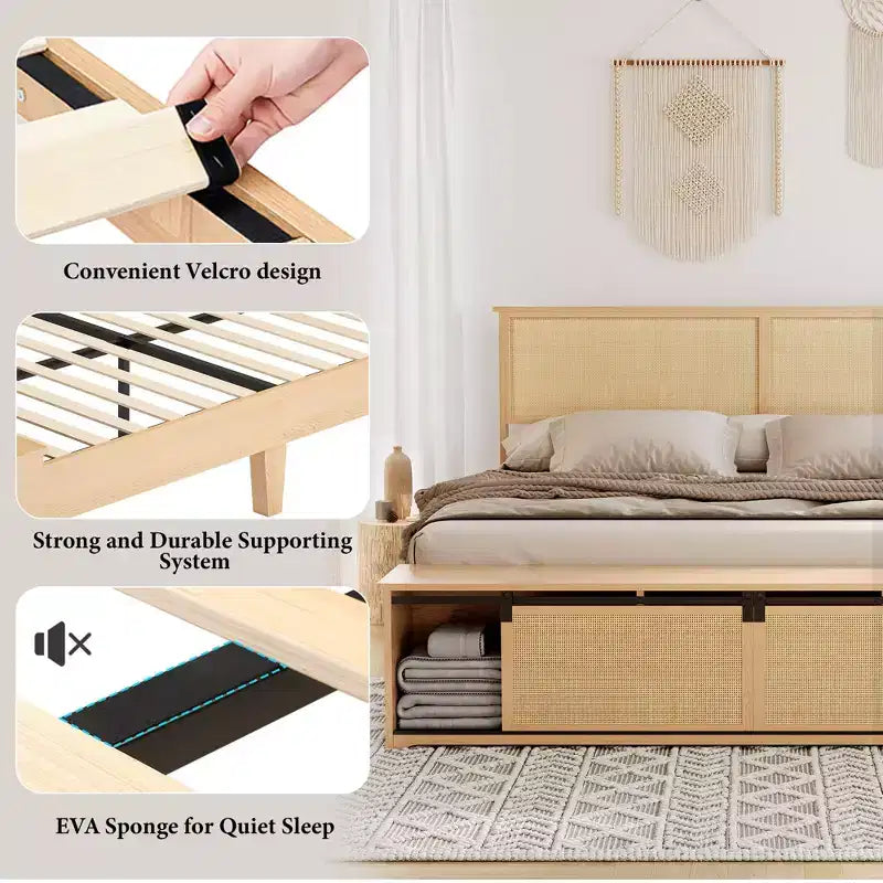 Struttura letto king size in rattan naturale con armadietti scorrevoli a persiana e testiera illuminata a LED, letto a piattaforma in legno boho, non è necessaria la rete a doghe