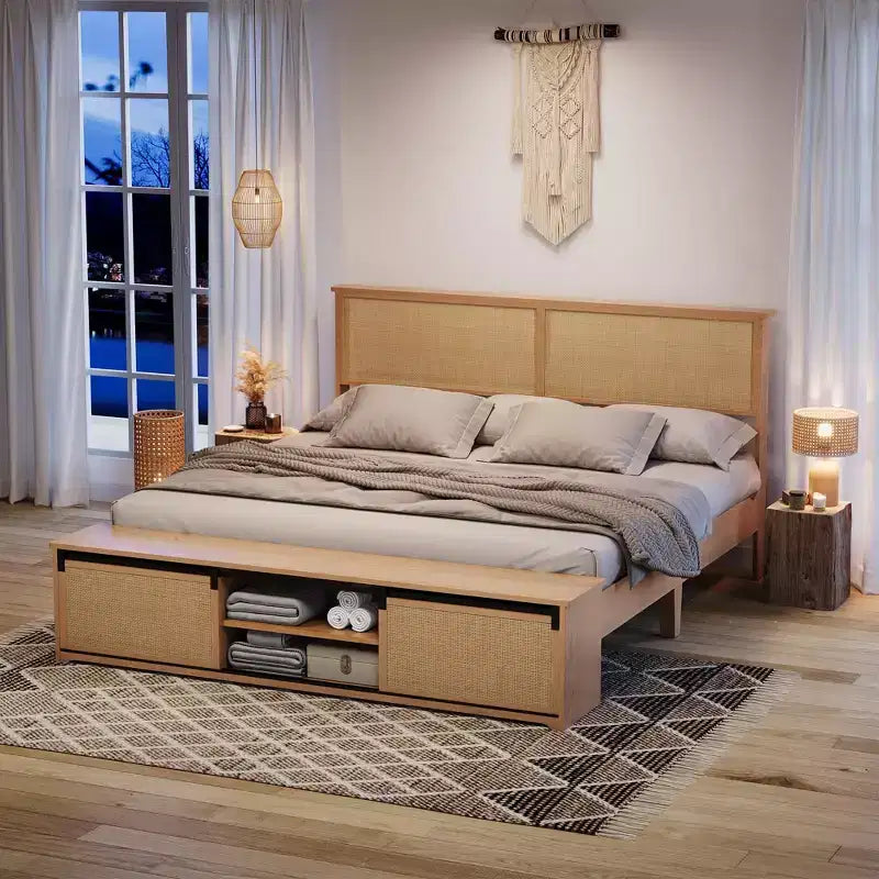 Struttura letto king size in rattan naturale con armadietti scorrevoli a persiana e testiera illuminata a LED, letto a piattaforma in legno boho, non è necessaria la rete a doghe