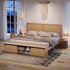 Struttura letto king size in rattan naturale con armadietti scorrevoli a persiana e testiera illuminata a LED, letto a piattaforma in legno boho, non è necessaria la rete a doghe