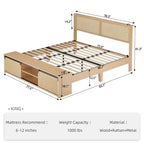 Struttura letto king size in rattan naturale con armadietti scorrevoli a persiana e testiera illuminata a LED, letto a piattaforma in legno boho, non è necessaria la rete a doghe