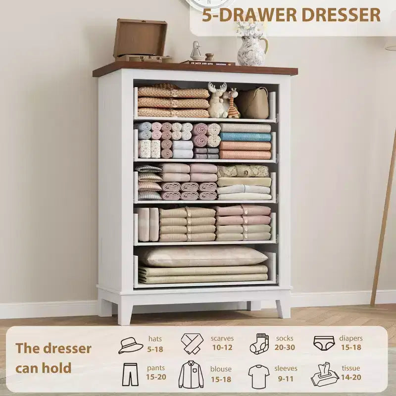 Commode 5 tiroirs pour chambre à coucher, commode verticale de 105 cm de haut avec rangement indépendant, meuble de rangement en bois pour salon, chambre à coucher, entrée
