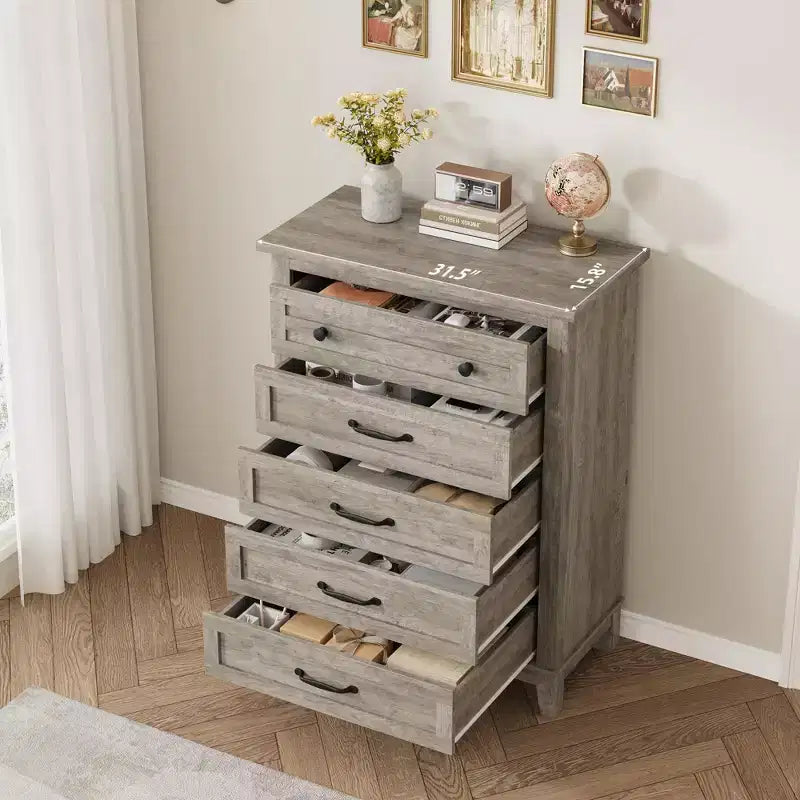 Commode 5 tiroirs pour chambre à coucher, commode verticale de 105 cm de haut avec rangement indépendant, meuble de rangement en bois pour salon, chambre à coucher, entrée