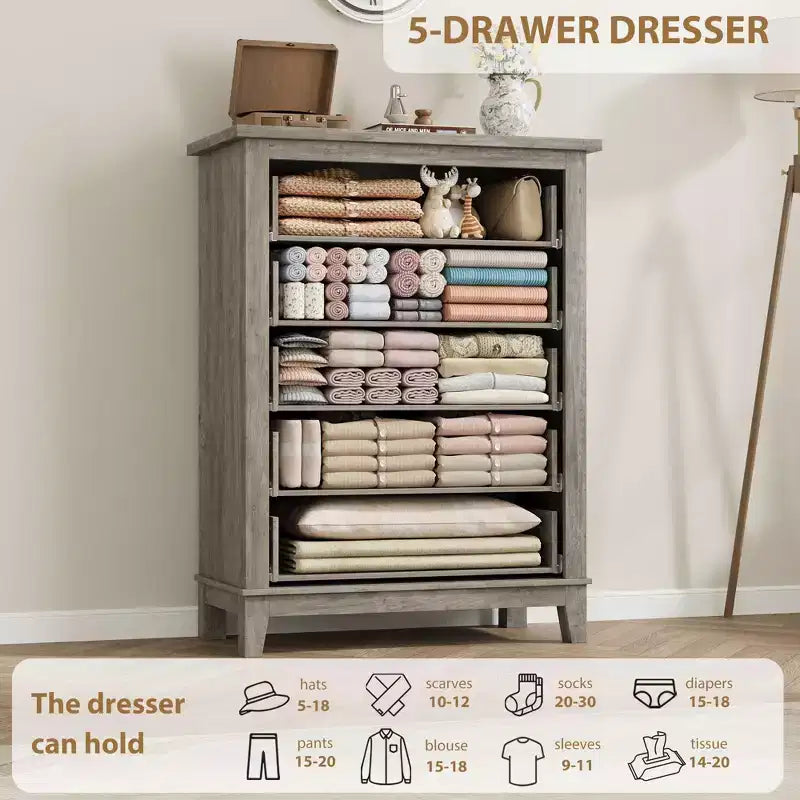 Commode 5 tiroirs pour chambre à coucher, commode verticale de 105 cm de haut avec rangement indépendant, meuble de rangement en bois pour salon, chambre à coucher, entrée