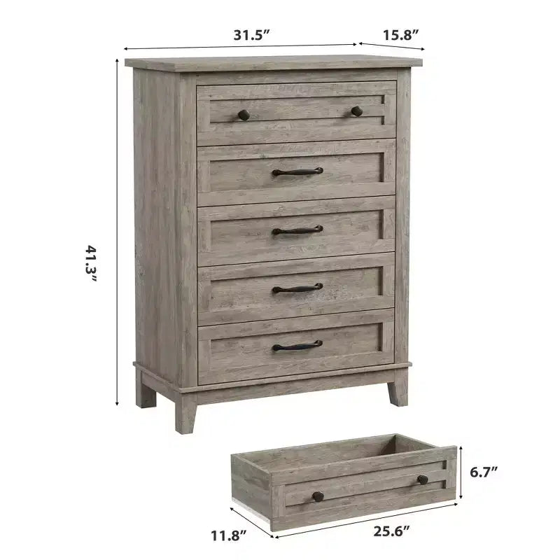 Commode 5 tiroirs pour chambre à coucher, commode verticale de 105 cm de haut avec rangement indépendant, meuble de rangement en bois pour salon, chambre à coucher, entrée