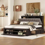 Letto a piattaforma Queen Size Whisen Wood con testiera contenitore, scarpiera e 4 cassetti