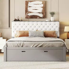 Letto a piattaforma Queen Size Whisen Wood con testiera contenitore, scarpiera e 4 cassetti