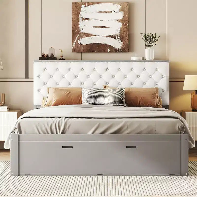 Letto a piattaforma Queen Size Whisen Wood con testiera contenitore, scarpiera e 4 cassetti